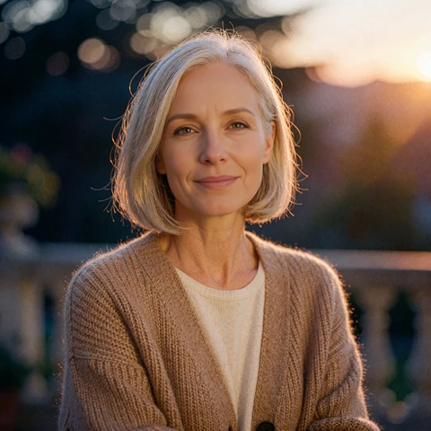 Woman with a silver-blonde bob in a camel cardigan, mature women dating profile on MatureSearch