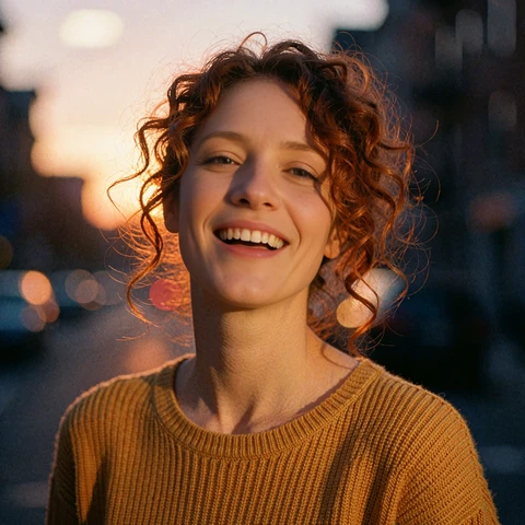 Laughing woman with auburn curls in a mustard knit top, single woman near me on MatureSearch
