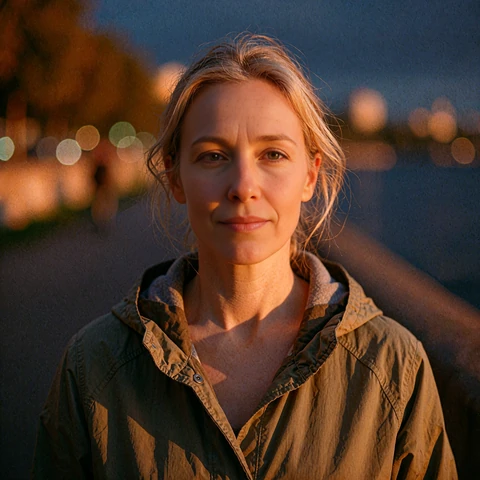 Woman in an olive raincoat by a riverside walkway, mature singles dating site profile on MatureSearch