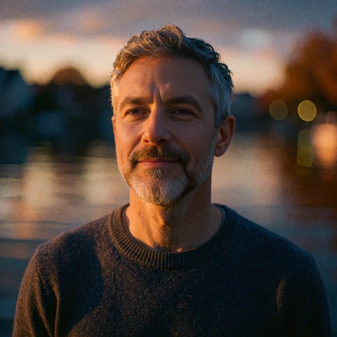 Man with a trimmed grey beard in a charcoal sweater, nearby member profile on MatureSearch local dating