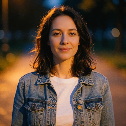 Smiling woman in a denim jacket at dusk, an AI-matched local single on the MatureSearch dating site