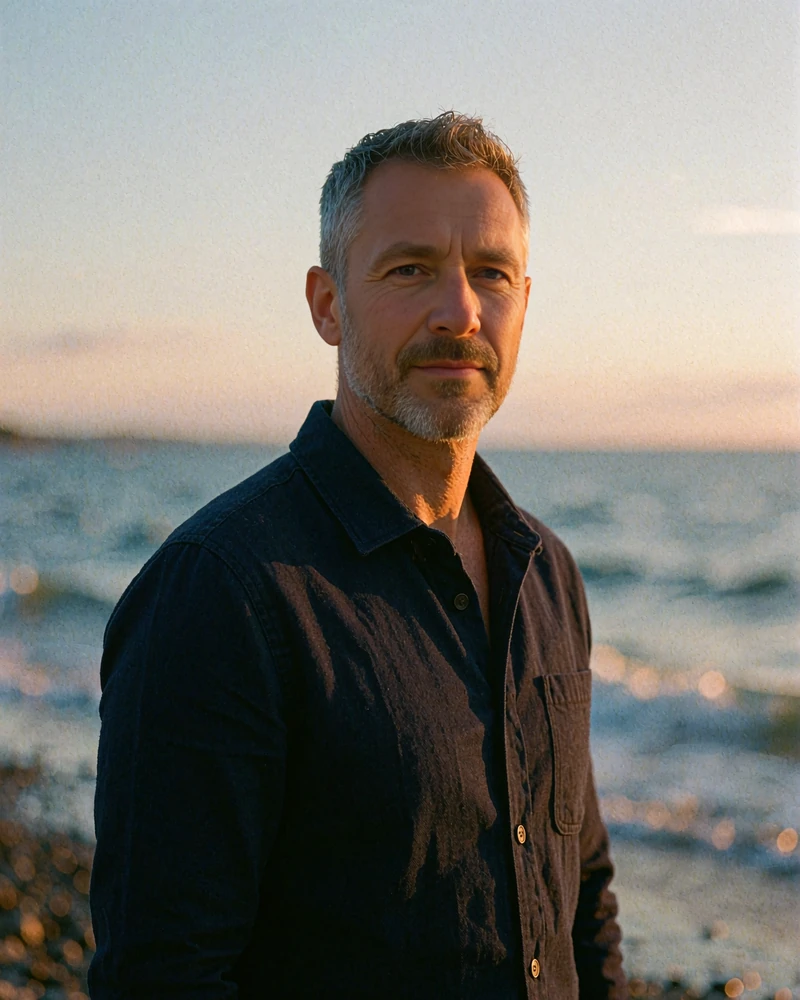 Greying man in a navy overshirt at a quiet coastline at dusk, local singles near me profile on MatureSearch