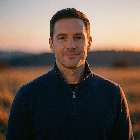 Man in a navy half-zip sweater smiling outdoors, verified local singles match on MatureSearch