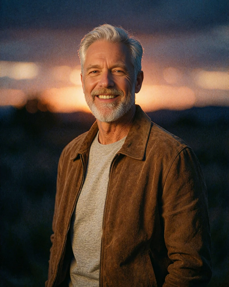 Silver-haired man with a white beard in a brown suede jacket outdoors, mature singles dating site profile on MatureSearch