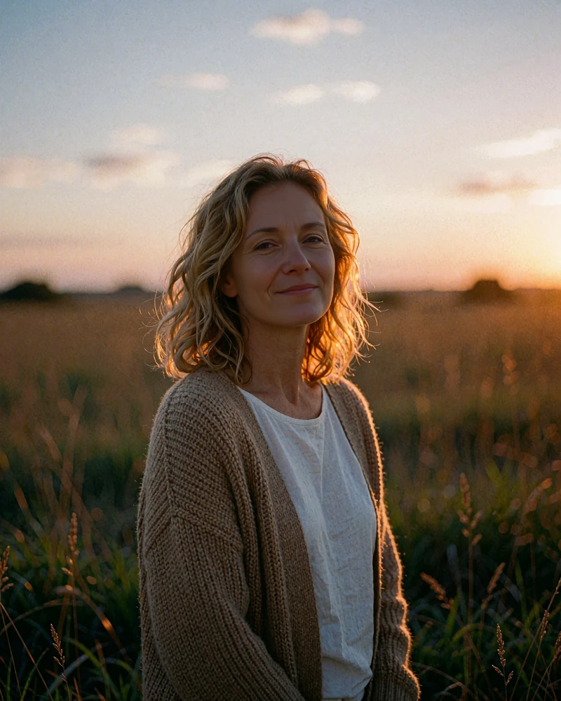 Honey-blonde woman in a tan knit cardigan standing in a sunset meadow, mature women dating profile on MatureSearch