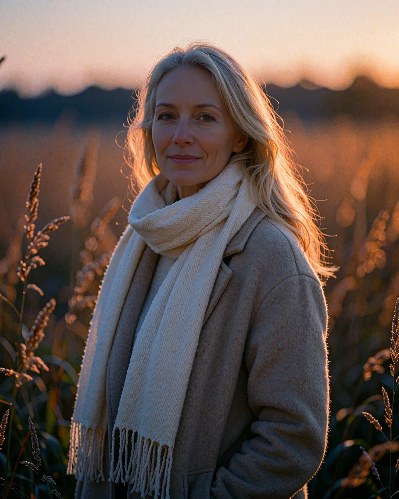 Light-blonde woman in a cream scarf and beige coat smiling in a meadow, single women near me on MatureSearch